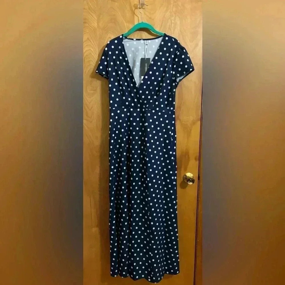 Elegant Navy Polka Dot Maxi Dress